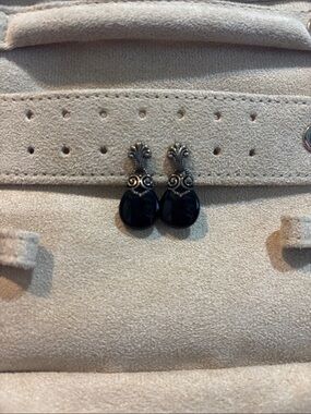 Vintage-Inspired Black Drop Earrings with Ornate Silver Accents